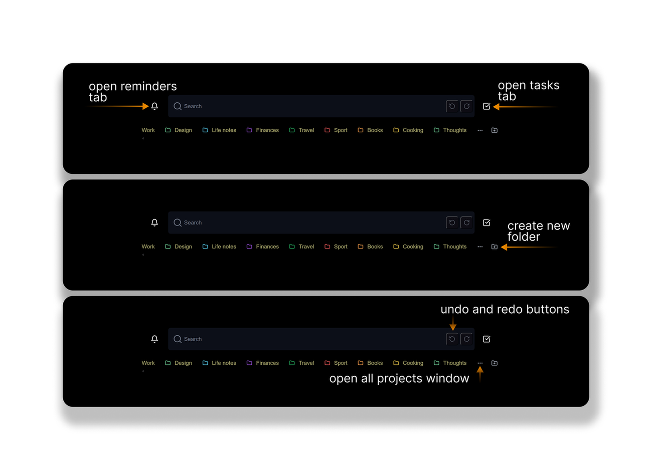Top bar controls for reminders, tasks, undo, redo, projects, and new folder