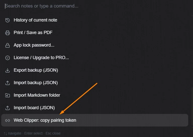 In the TaskNote Windows app type "/" in the search box, or press Ctrl+Shift+K, and choose "Web Clipper: copy pairing token".