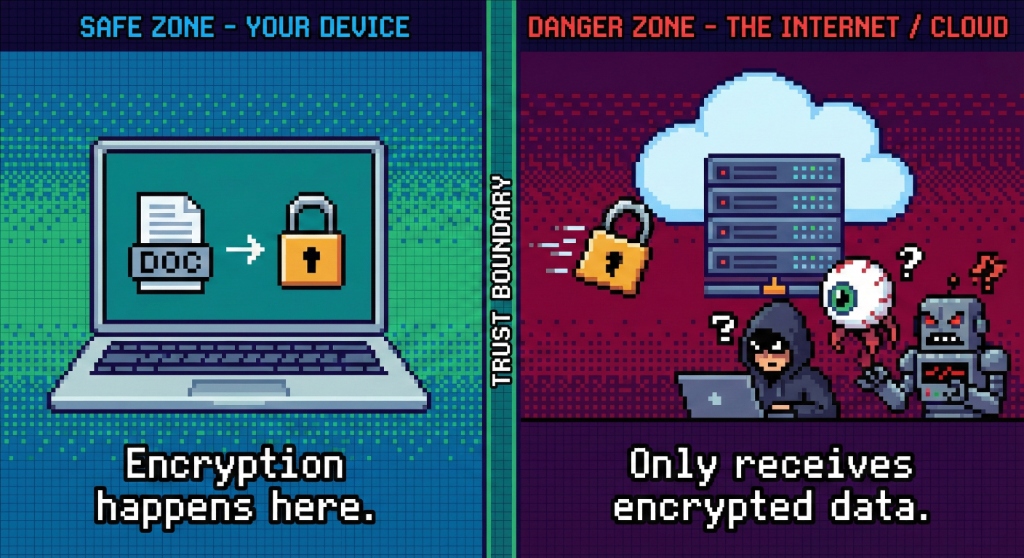 A diagram of client side encryption: the note is encrypted in the browser before it reaches the server, so the server stores something it cannot read