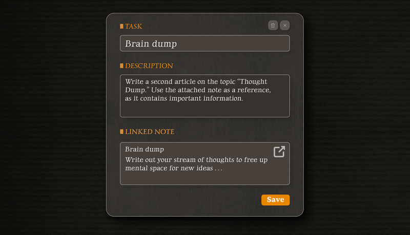 A note attached to a task, opened from the card