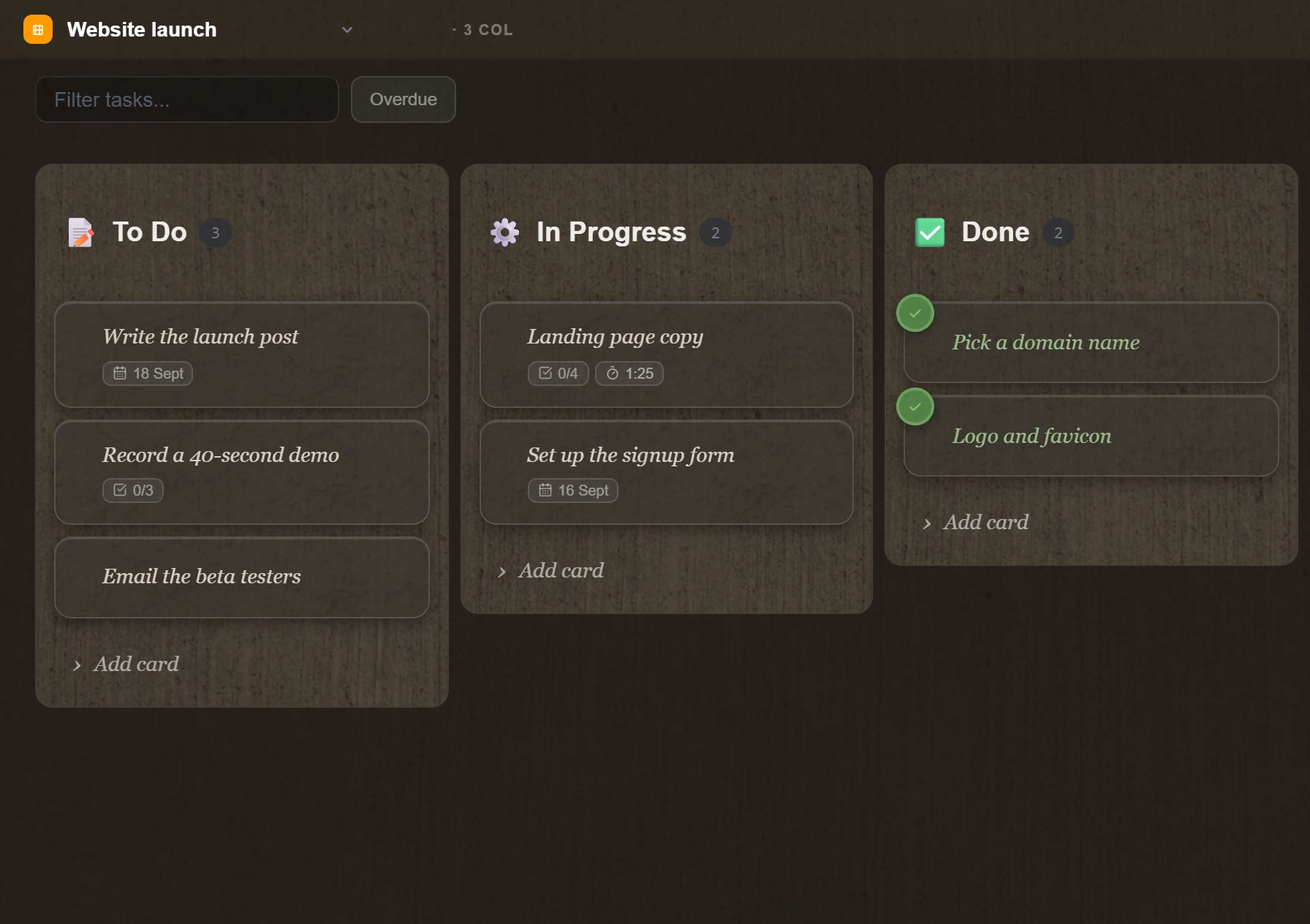 TaskNote kanban board: To Do, In Progress and Done columns with due dates, checklists and a timer on the cards