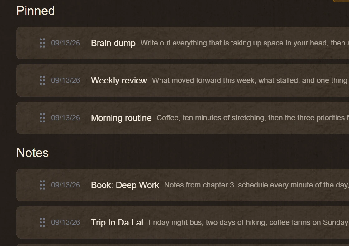 TaskNote notes list up close: the kraft paper texture of the theme