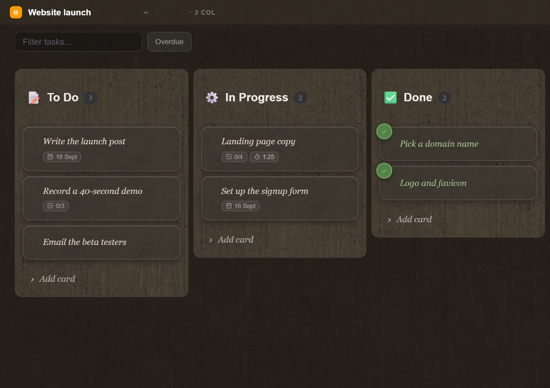 The TaskNote board with three columns, To Do, In Progress and Done, and cards that came from notes