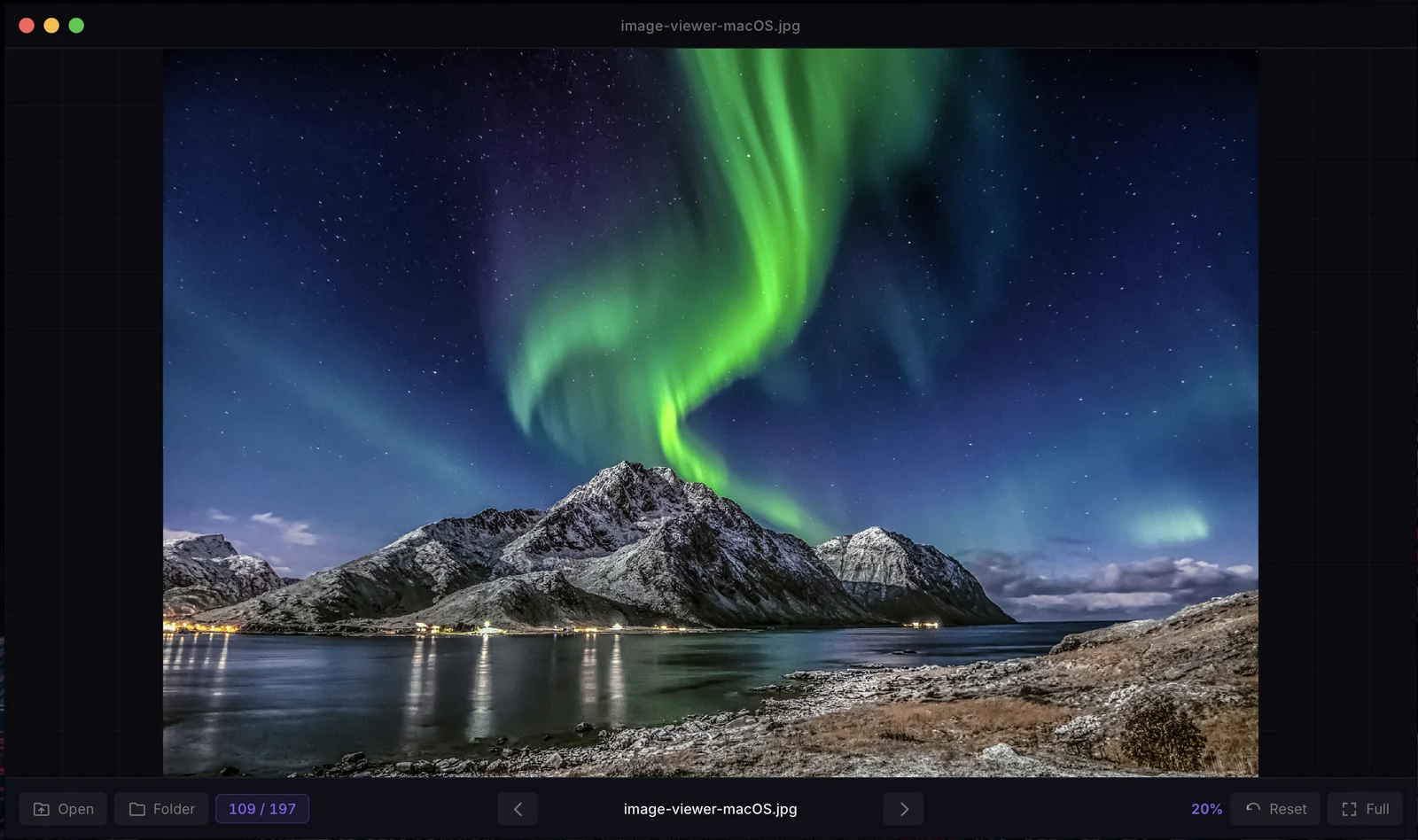 Image Viewer on macOS: a northern lights photo filling the window, with a thin bar below showing Open, Folder, the 109 of 197 counter, arrows, zoom and Full