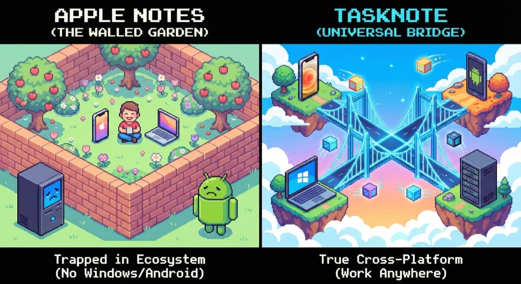 Apple Notes inside a walled garden next to TaskNote, which spans every platform