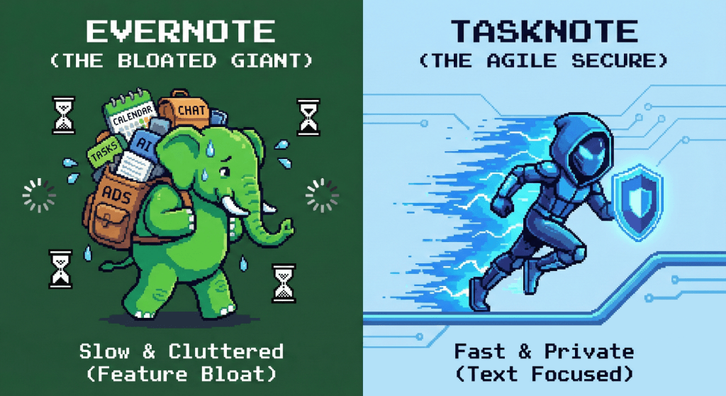 Evernote, the bloated giant, next to TaskNote, the fast and secure alternative