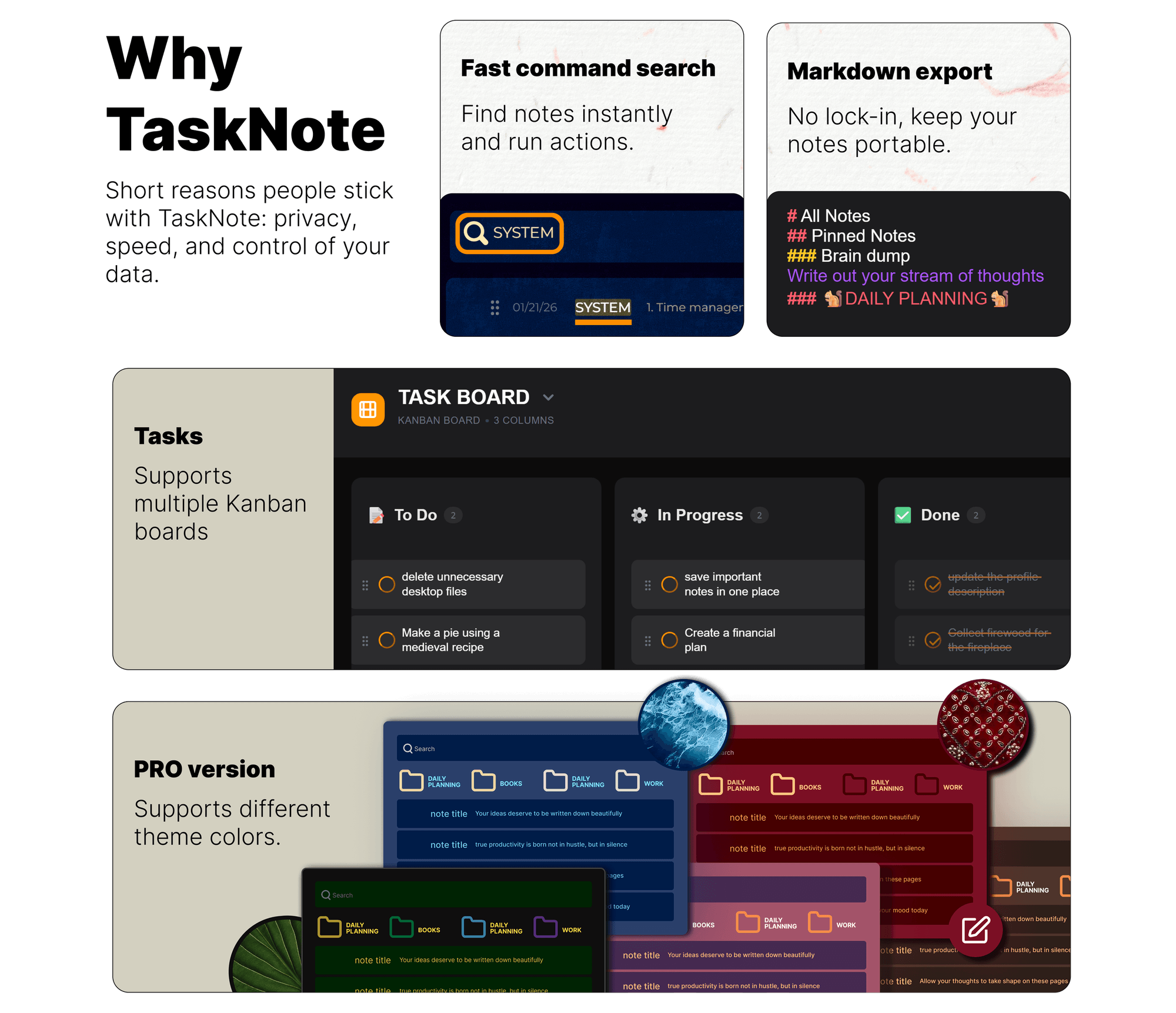 Why choose TaskNote: On-device encryption, Fast command search, Markdown export, Tasks, Kanban Board, Reminders, Distraction-free writing, Pinning and filters, and Dark mode.